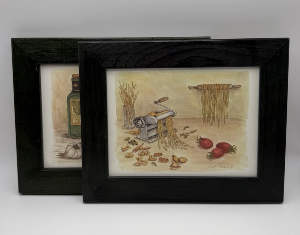 Martha Hinson 90s Kitchen Art Lotsa Pasta Prints Set of 2 Dark Green Frames 8x10